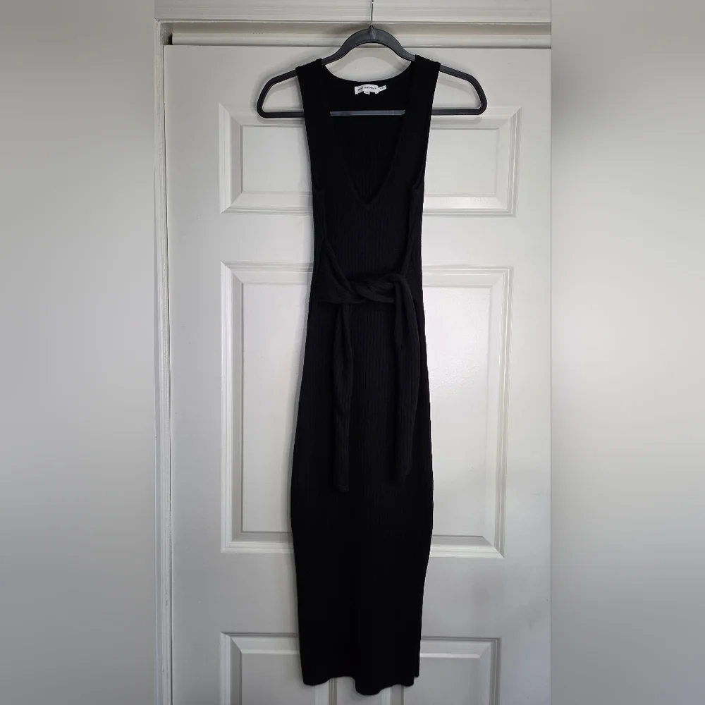 Good American Black Ribbed Knit Midi Dress with Ties - Size 2 (Medium) - Picture 2 of 8